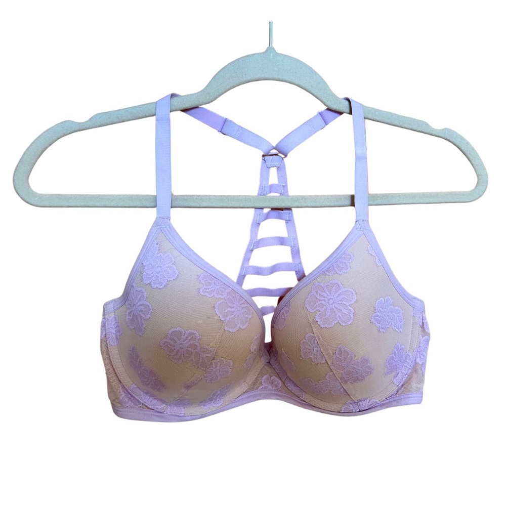 Victorias Secret PINK Bra Ladder Back Style Lavender Nude Floral Lace Size 34DD